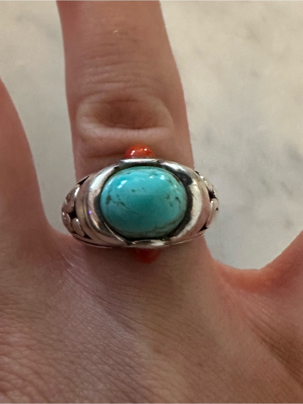 Vintage Sterling Silver Blue Turquoise and Coral Statement Ring, Sz 7, 6 grams